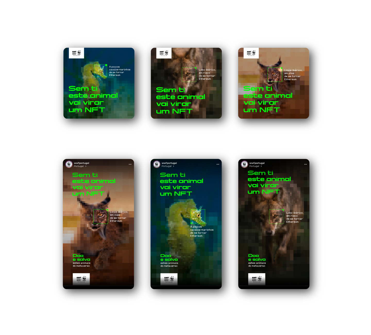 WWF campaign social media posts featuring pixelated animals