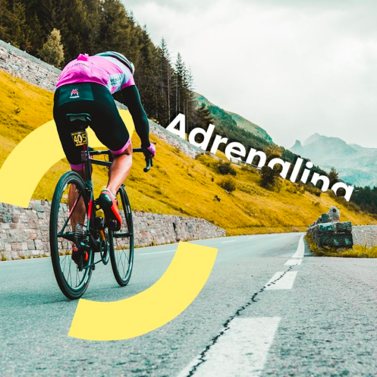 Person wearing a pink shirt riding a bicycle towrds the word Adrenalina