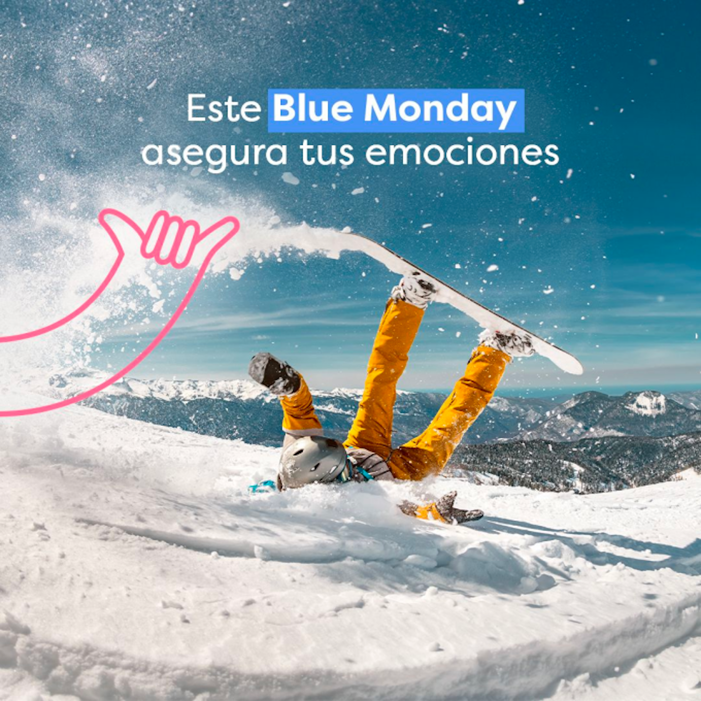 Snowboarder wearing a yellow falling, text says Este Blue Monday asegura tus emociones