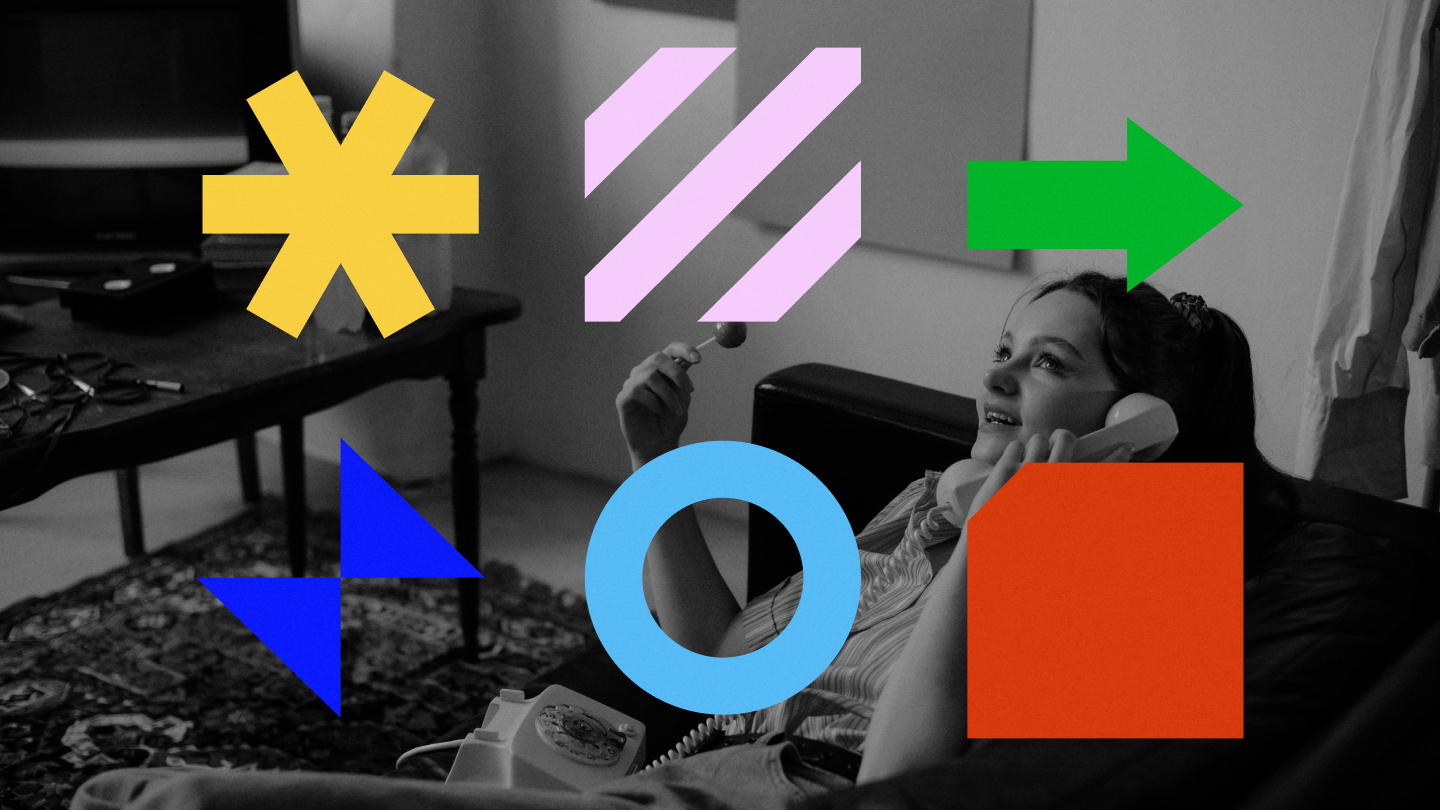 Visual elements of hey on black and white picture of a person on a phone