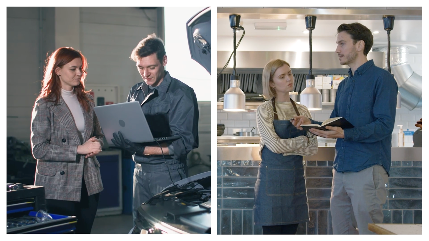 Collage of two pictures showing car mechanic with a laptop assisting a customer, man explaining an idea to a woman