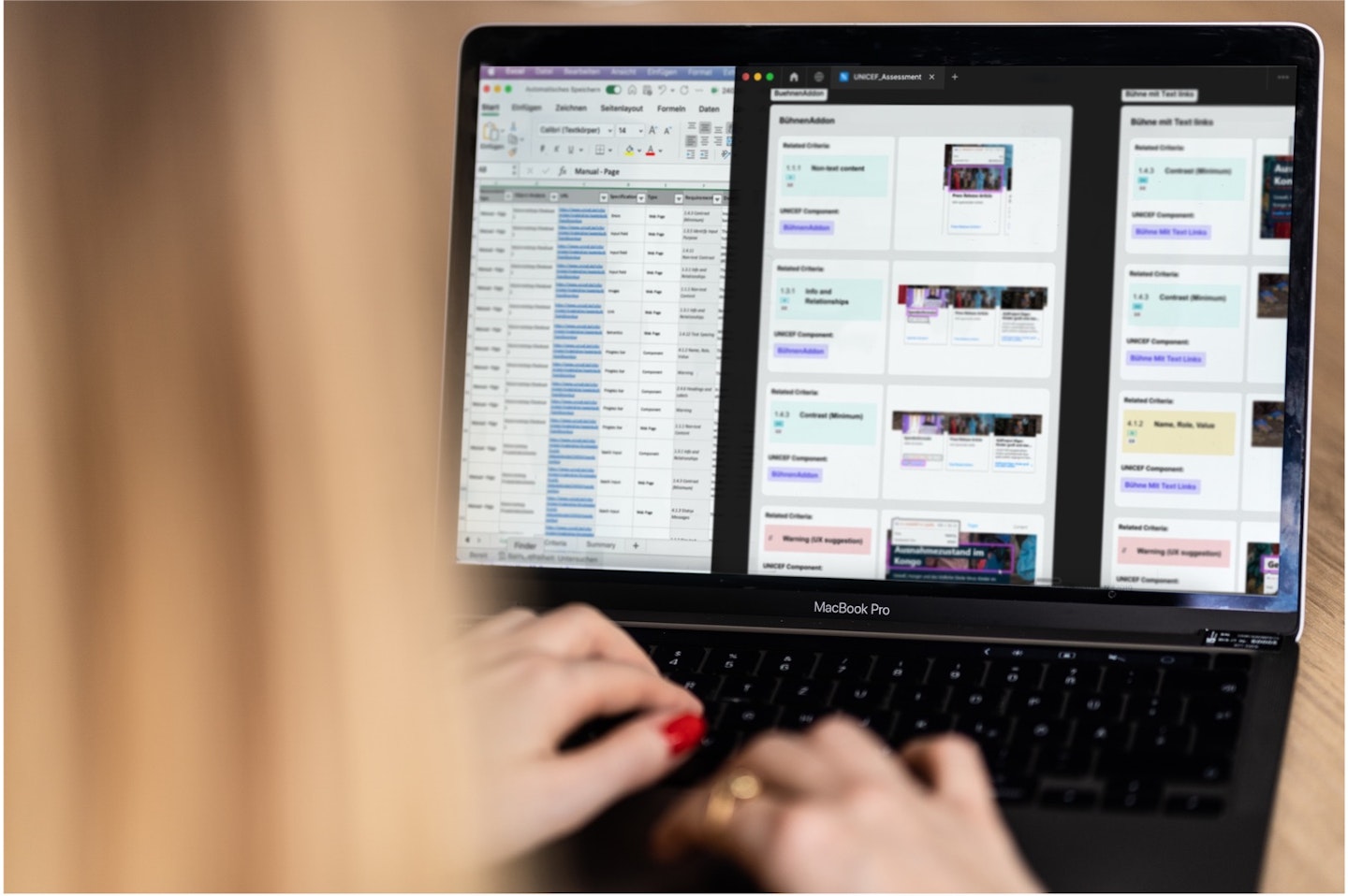 A person is working on a laptop showing the visual representation of the accessibility report, both the excel report, and the visual report in Figma