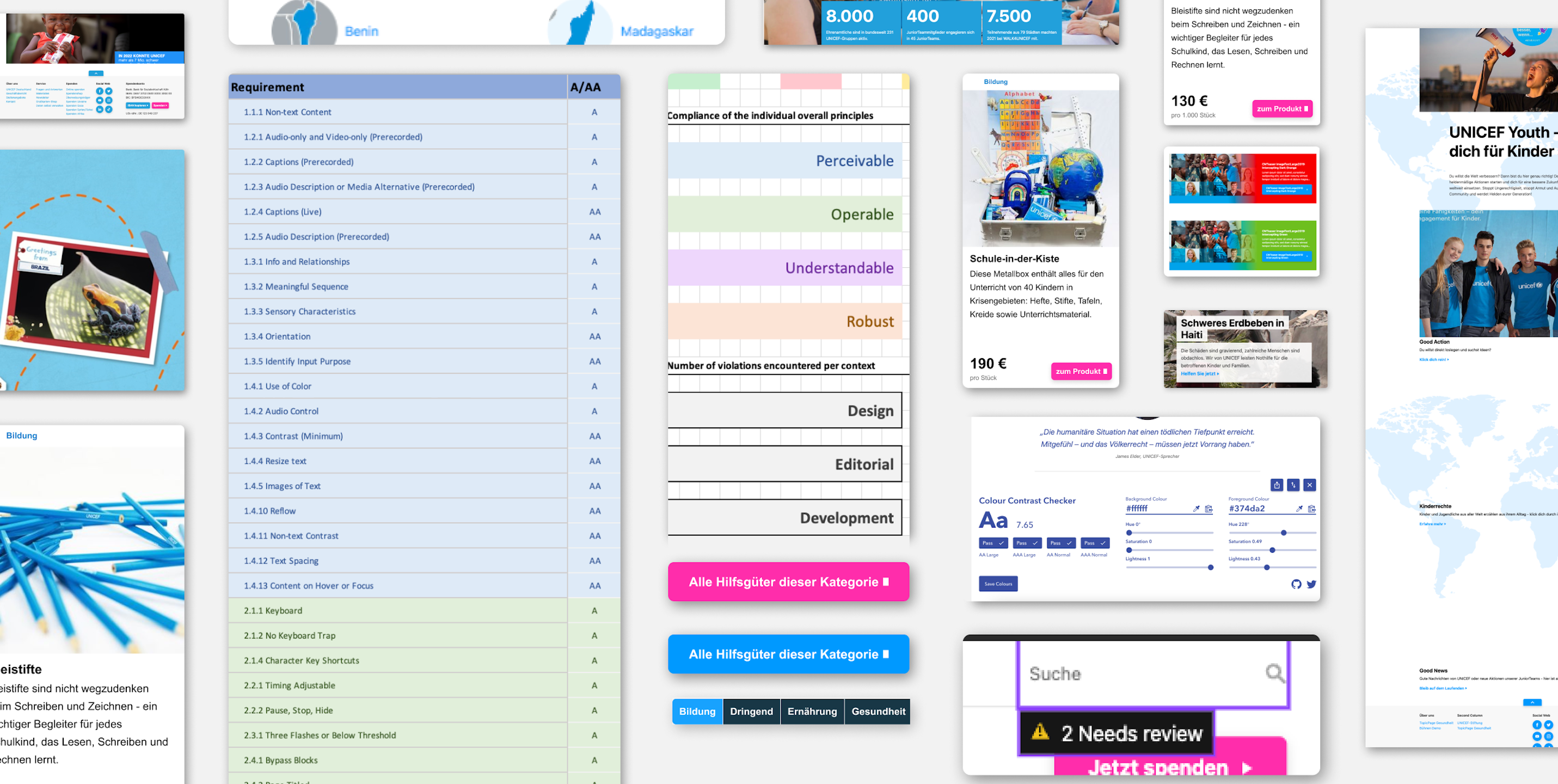 Screens of UNICEF Germany’s Website and parts of the accessibility report layout