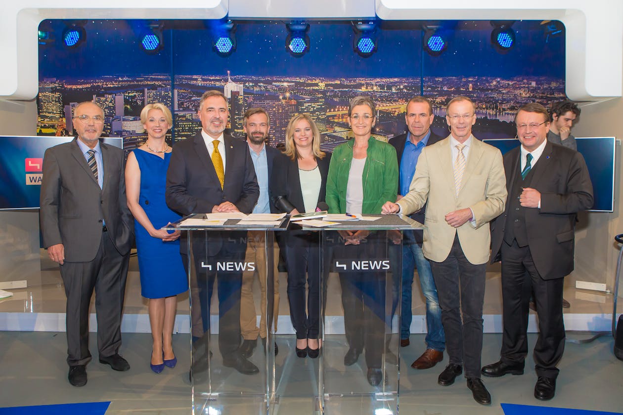 v.l.n.r. Peter Rabl, Angelika Mlinar, Ewald Stadler, Martin Ehrenhauser, Corinna
Milborn, Ulrike Lunacek, Harald Vilimsky, Eugen Freund und Paul Rübig

(c) Christian Mikes