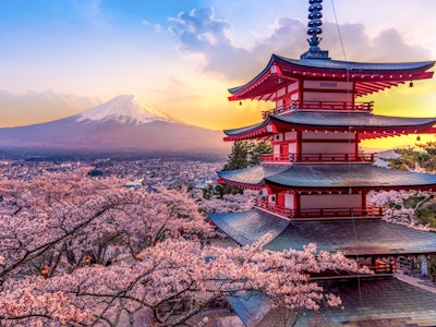 Tower in Japan with Mt. Fuji in the background
