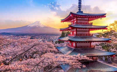 Tower in Japan with Mt. Fuji in the background