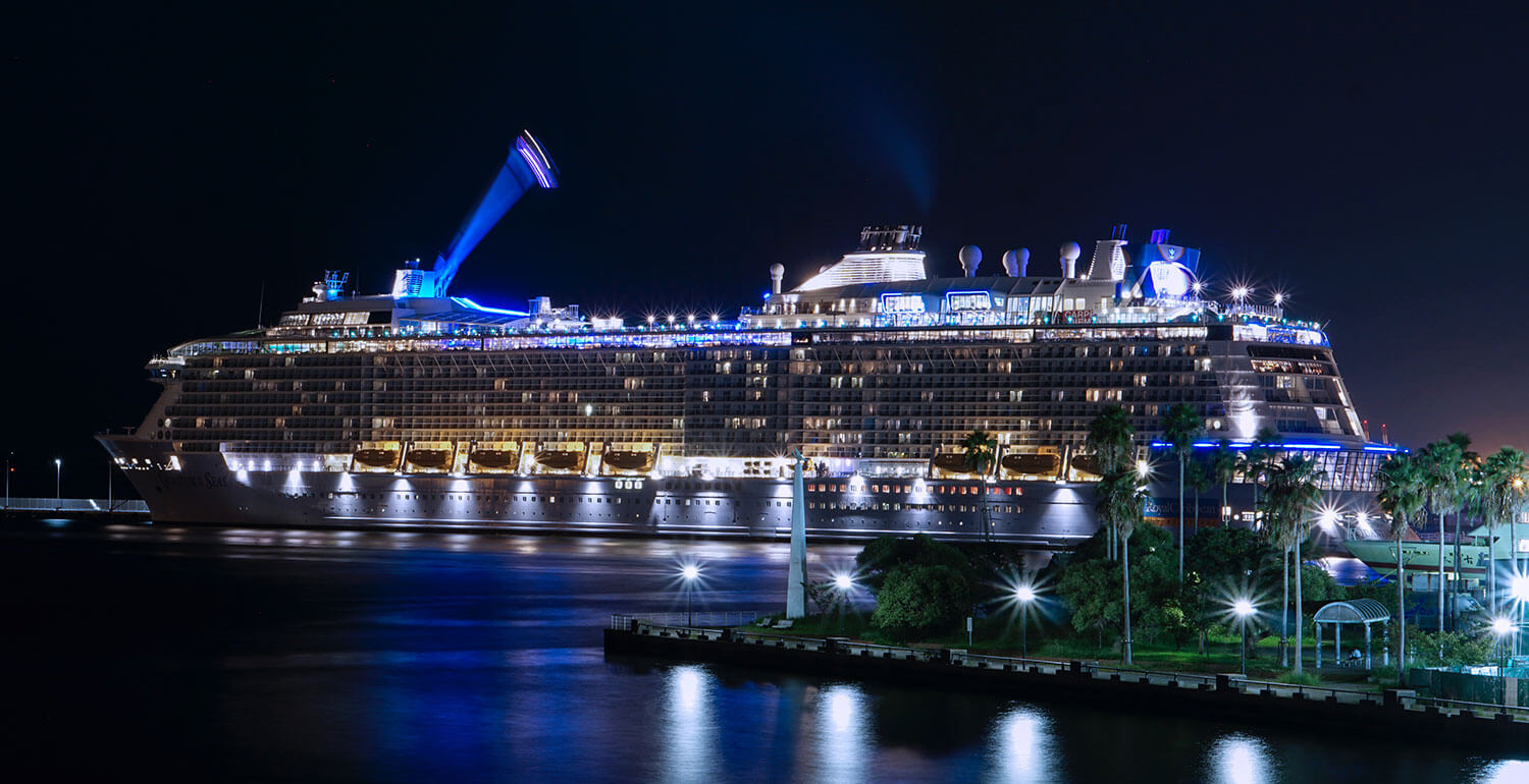 Lit up cruise ship at night