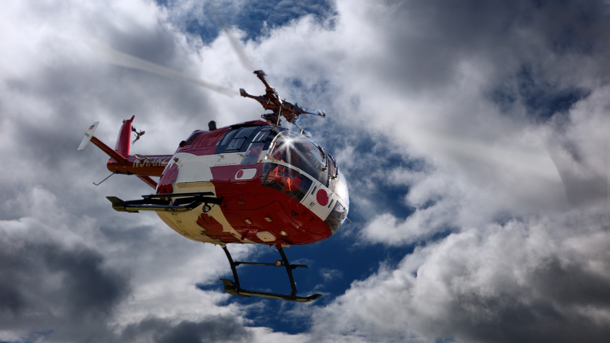 Medical rescure helicopter flying overhead