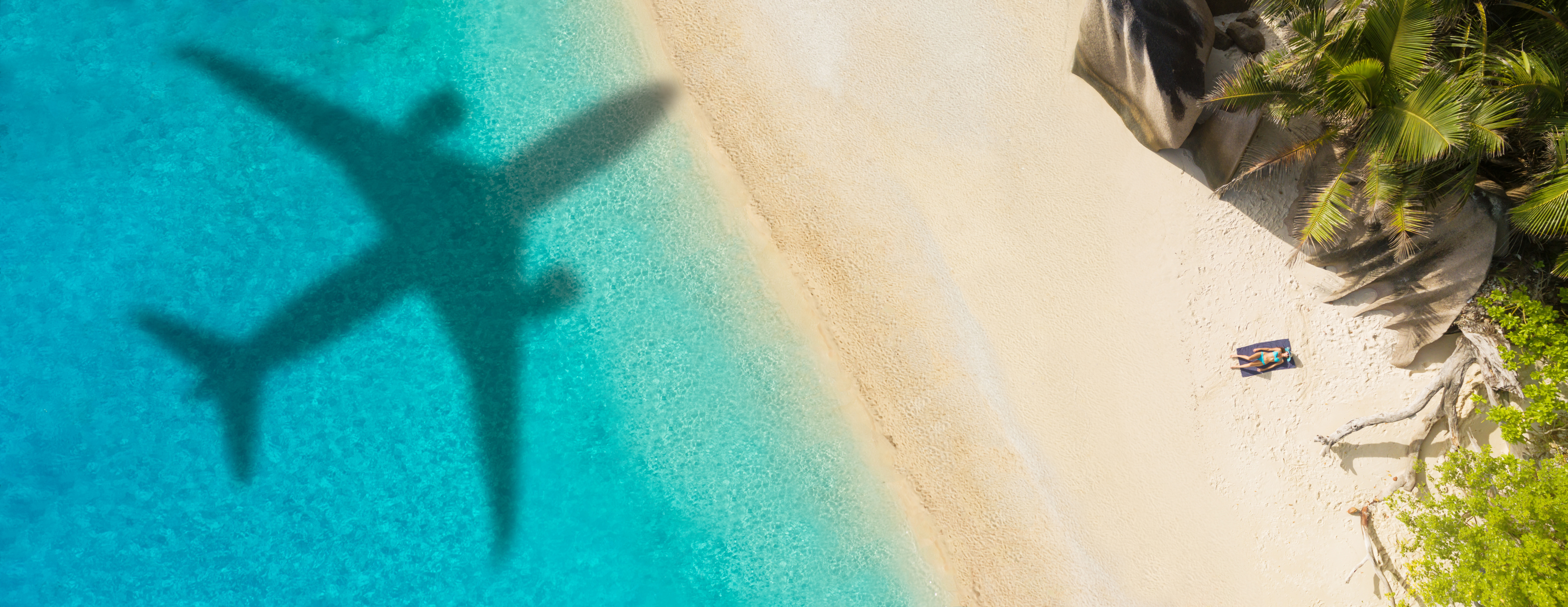 Shadow of plane flying over beach