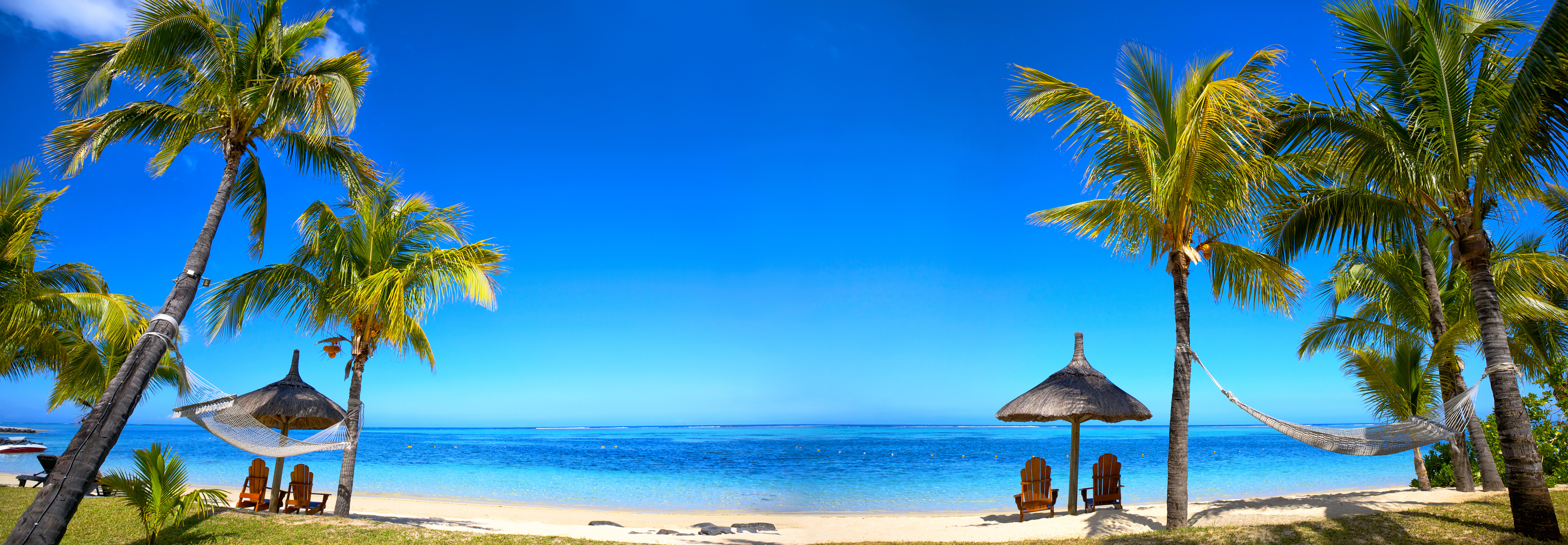 Tropical beach with palm trees and umbrellas