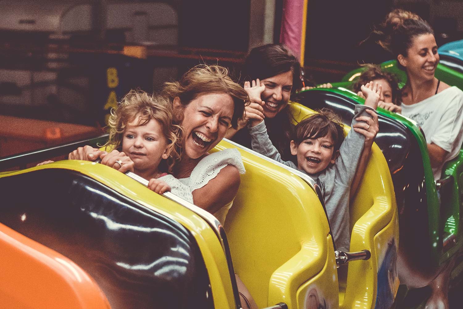 Parents and children on rollercoaster