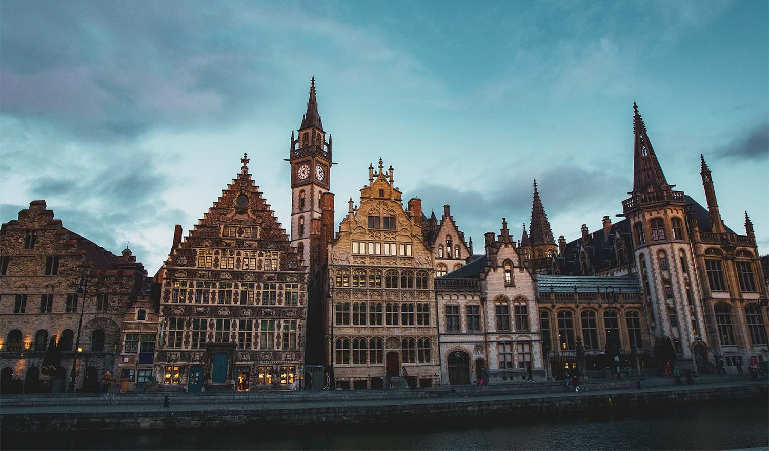 Row of decorative buildings by river