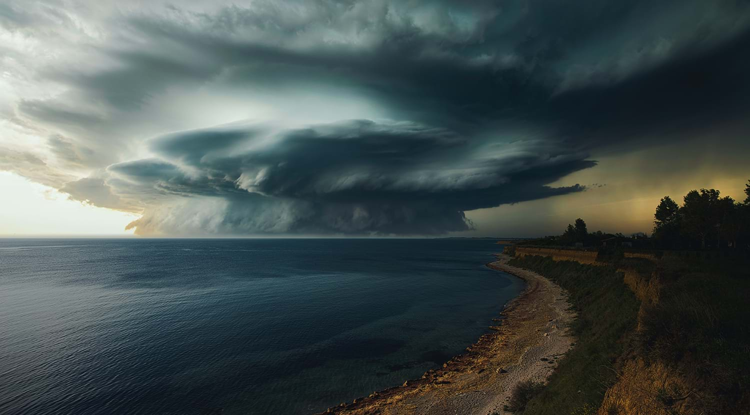 Dark storm looming over coastline