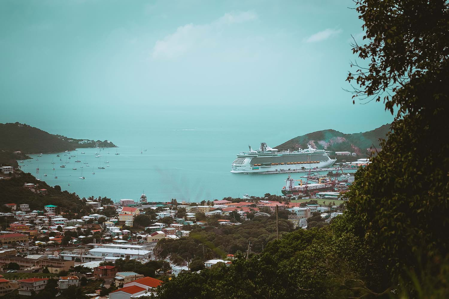 Cruise ship in bay with town