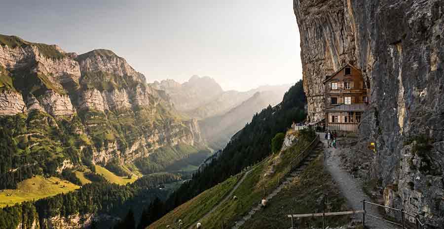 House on cliff in Swiss mountains