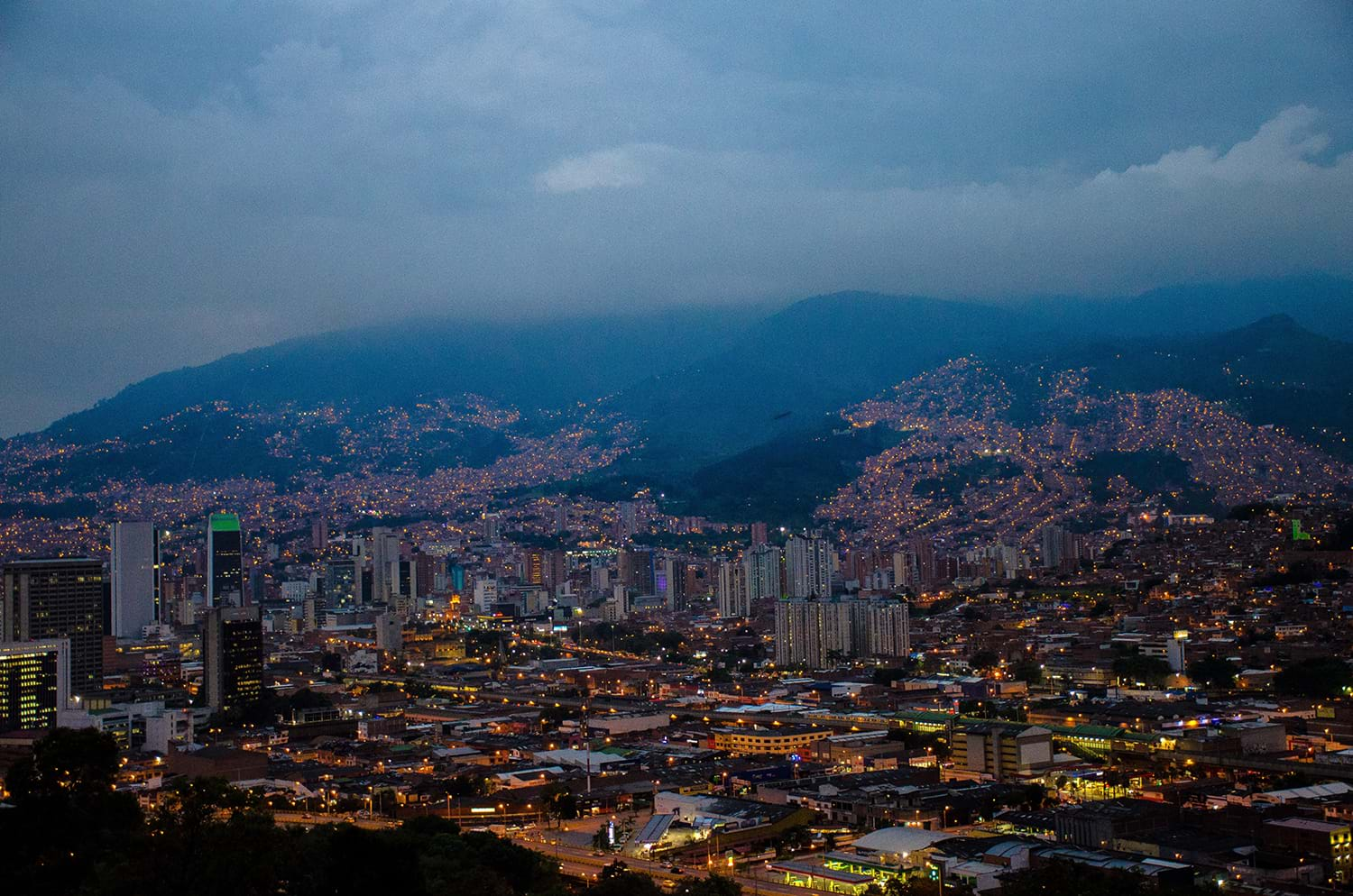 View of lit up city at night