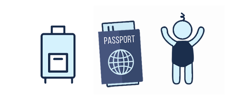 Graphic of luggage, passport, and infant
