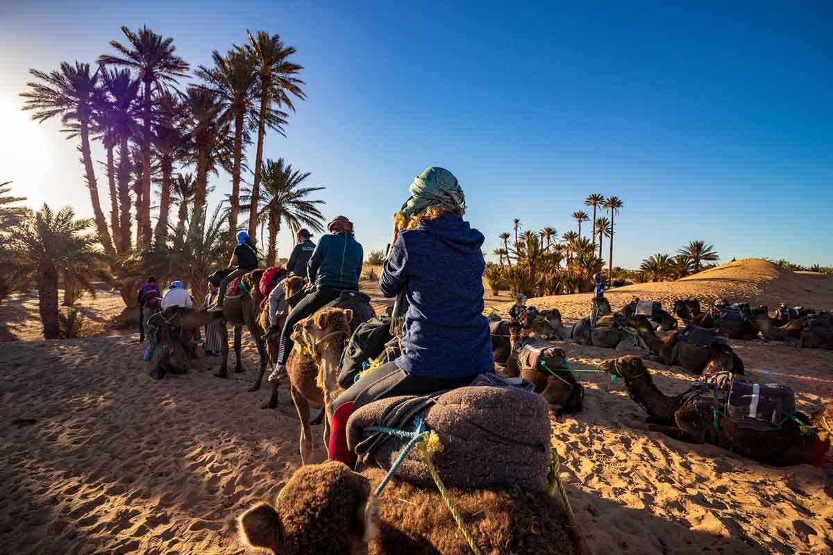 Group of people riding camels in desert