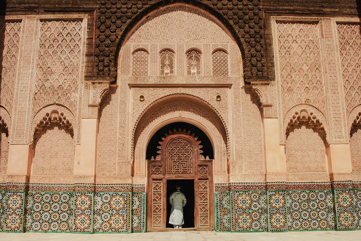 Exterior front of mosque with intricate details