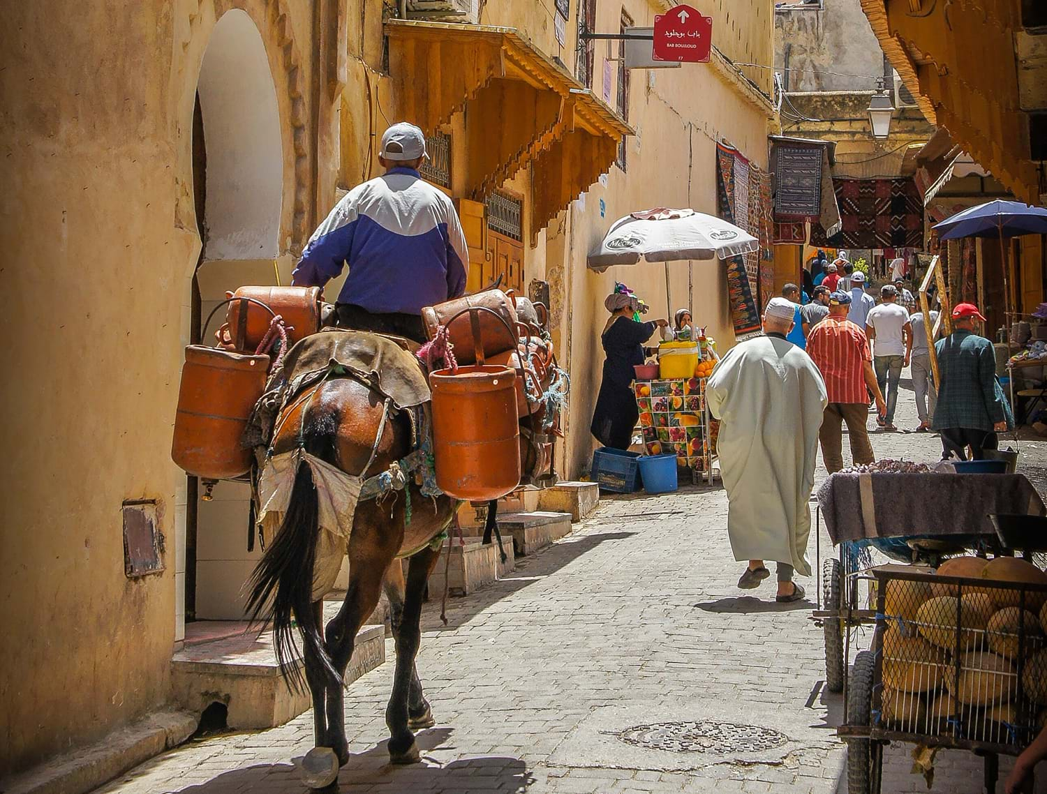 Man riding horse down side street