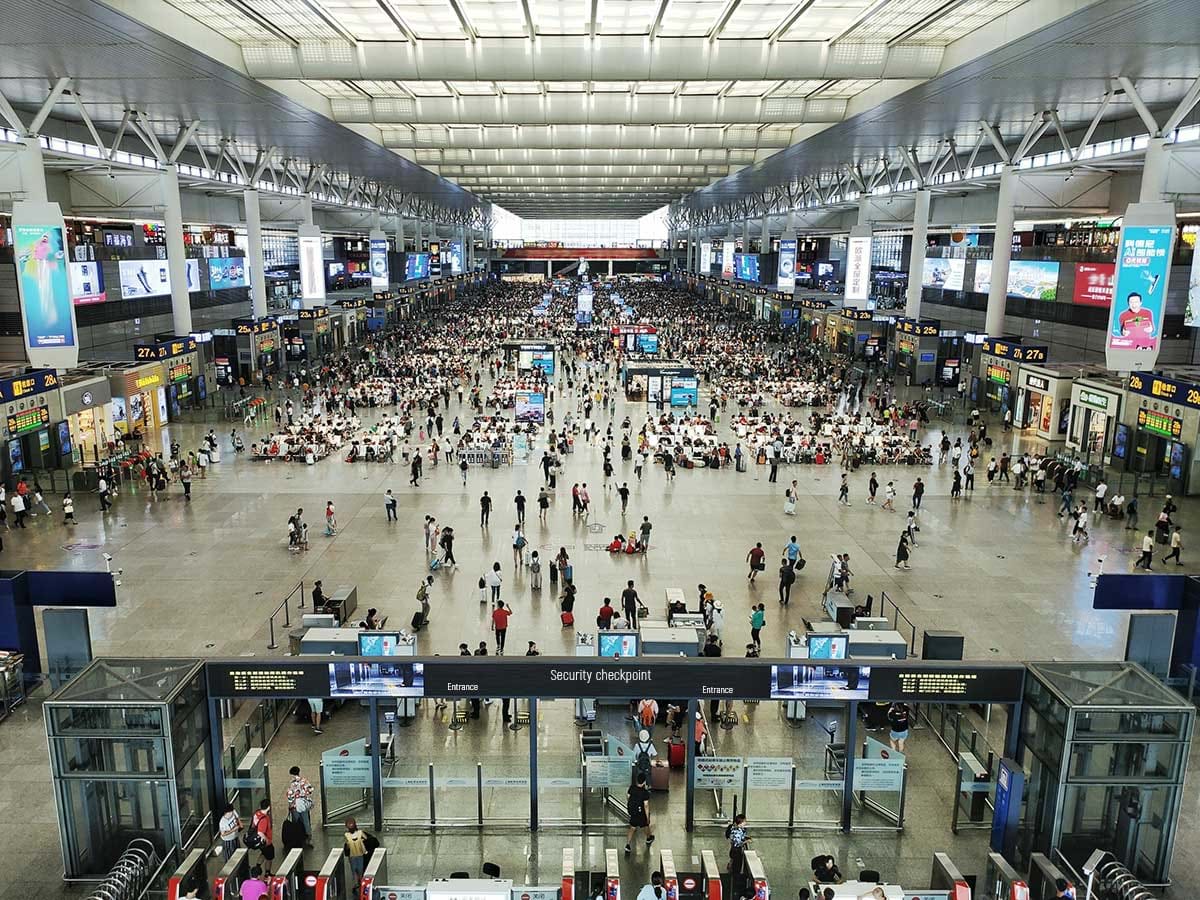Large atrium of crowded airport