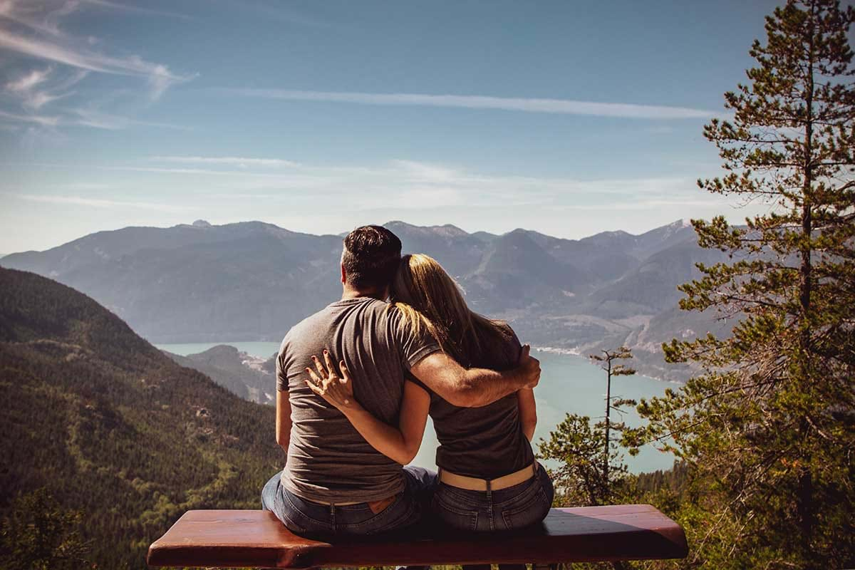 Couple sitting on bench looking at view of lake