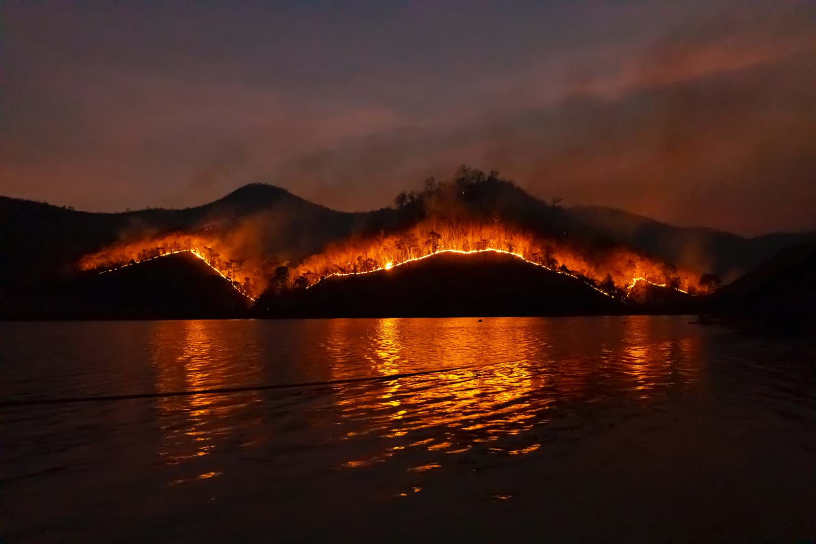 Wildfire on hillside at night