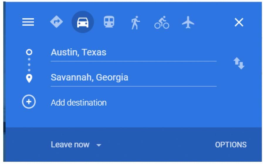 Google Maps trip start and destination