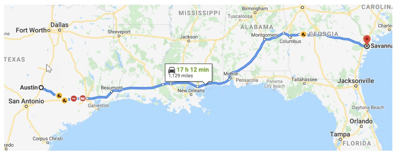 Estimated fastest route from Austin to Savannah