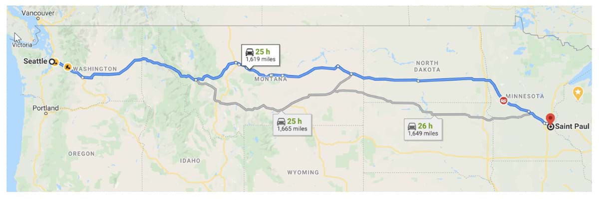 Routes from Seattle to Saint Paul with different estimated times