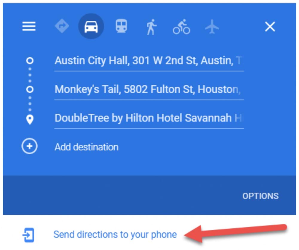 Arrow pointing to send directions to phone in Google Maps