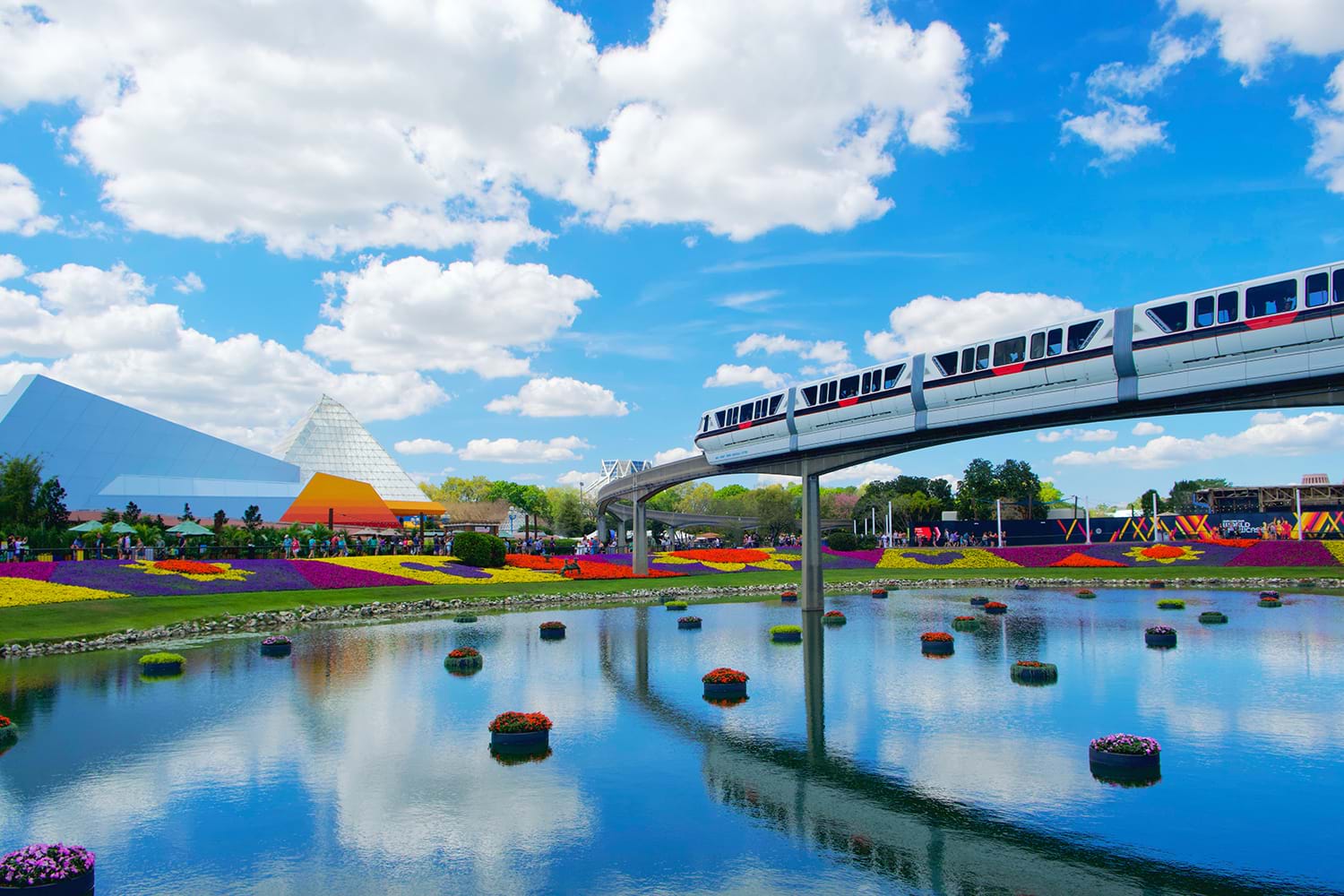 Disney World monorail over the park