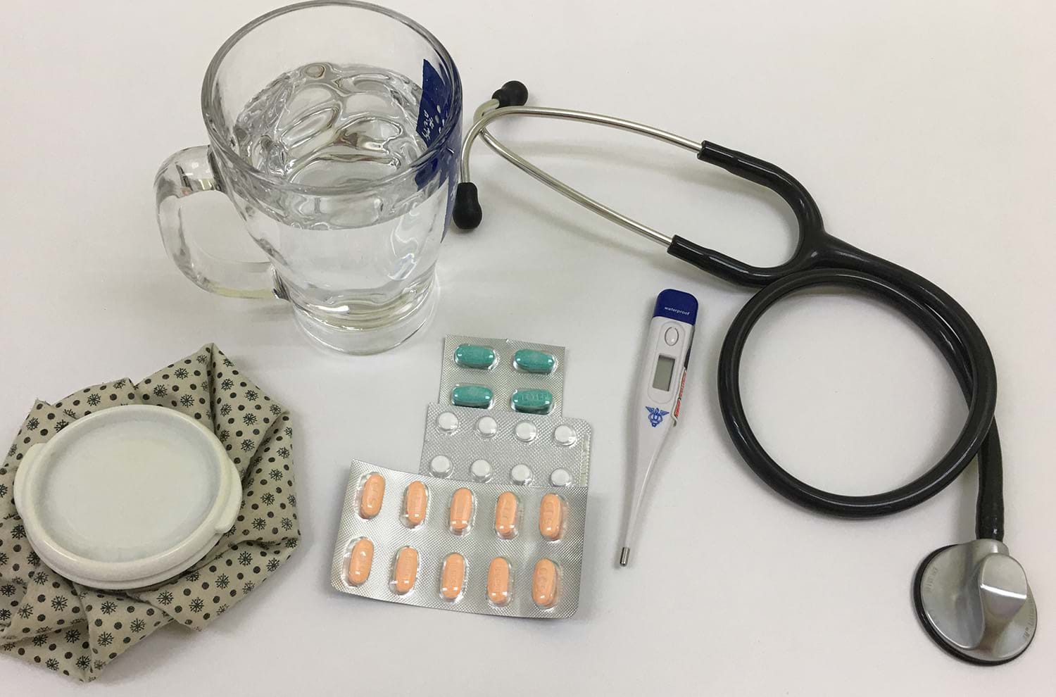 Pills, thermometer, and other medical items