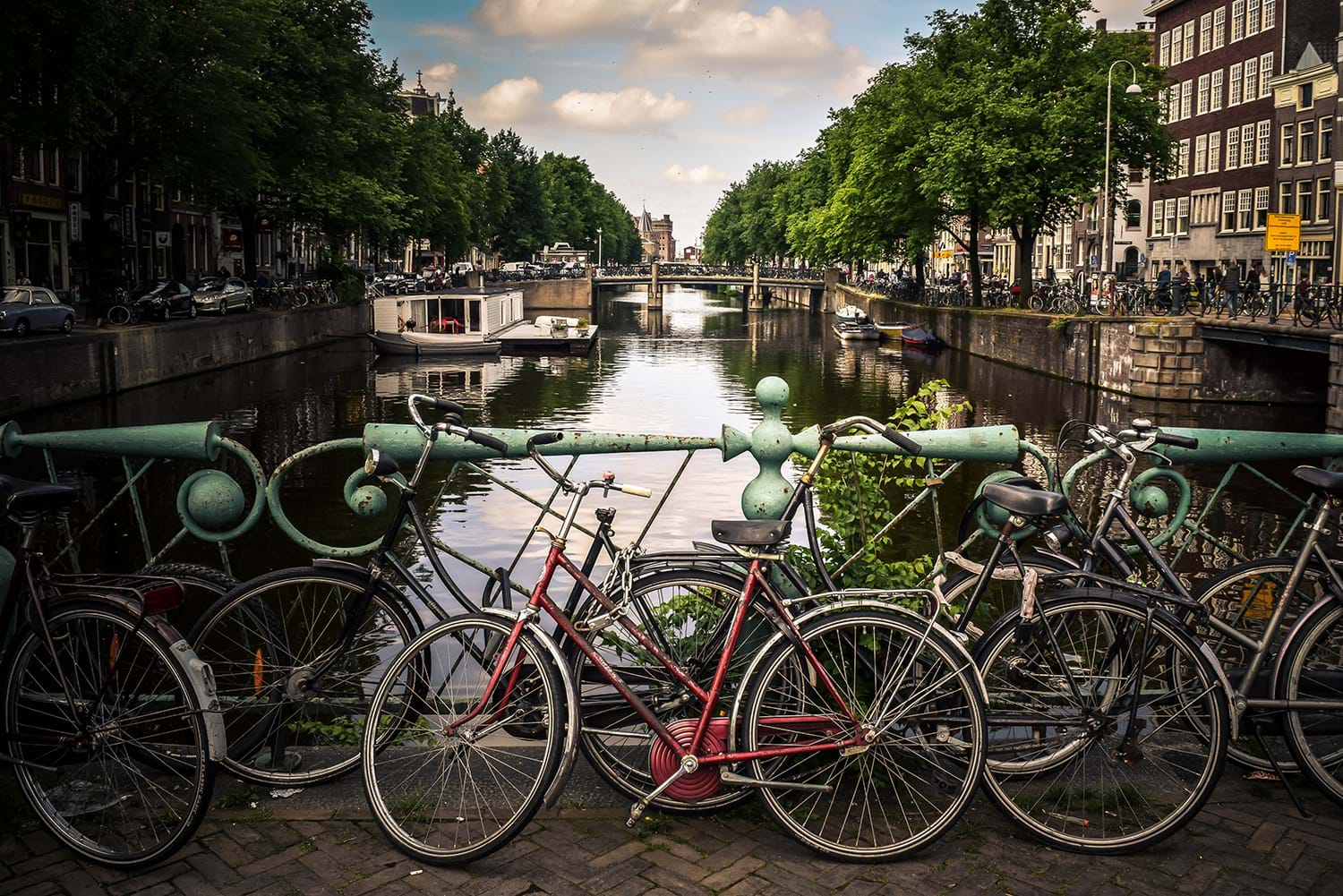 Bikes chained up against railing overlooking river