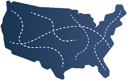 Illustration of U.S. with dotted lines depicting travel routes