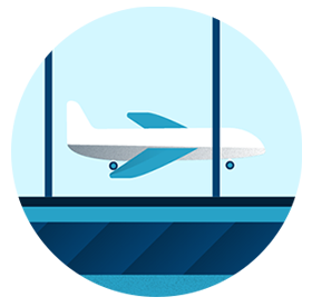 Illustration of plane flying past airport window