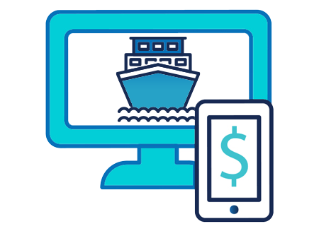 Cruise ship on computer, phone with dollar sign graphic