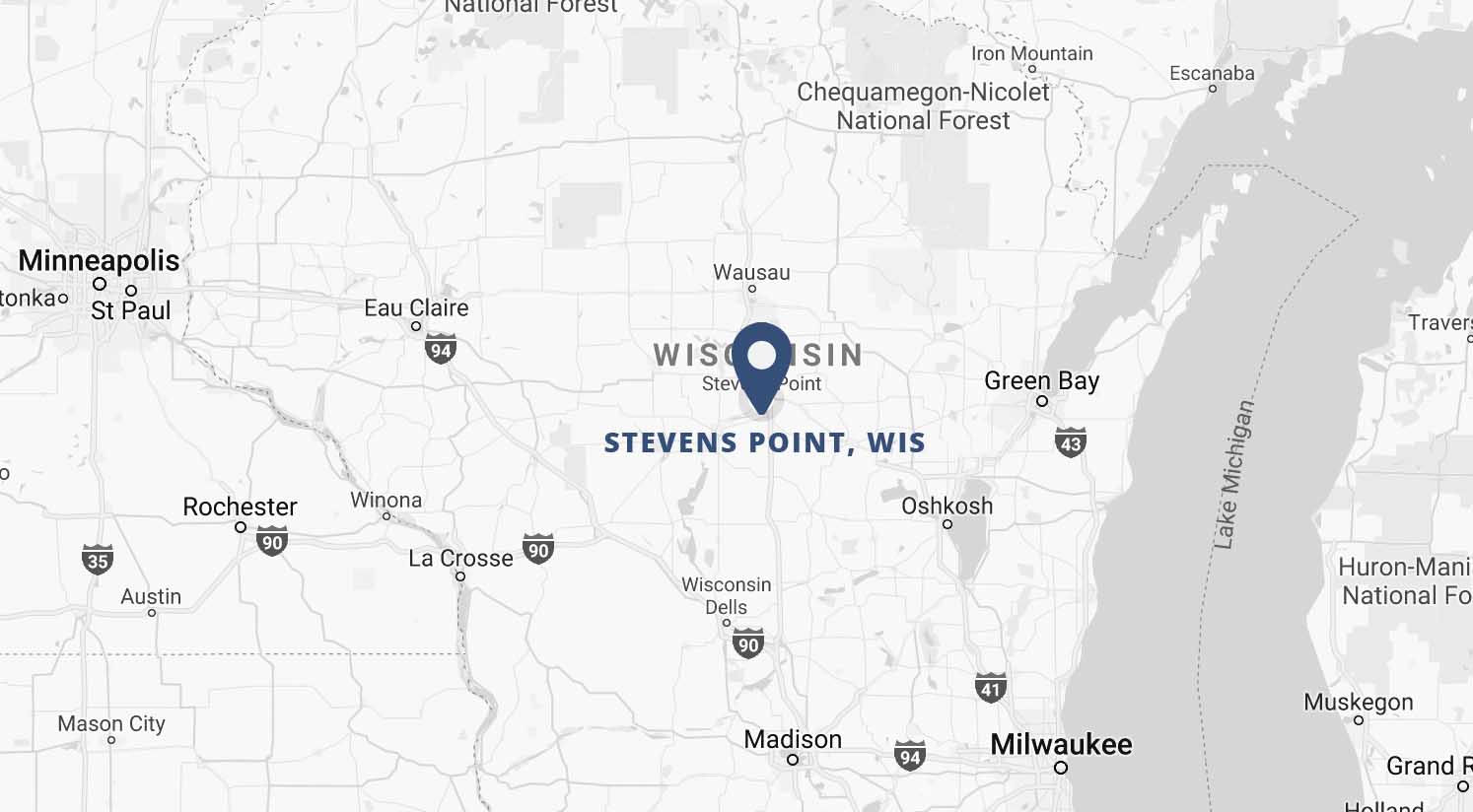 Map of Wisconsin with marker on Stevens Point