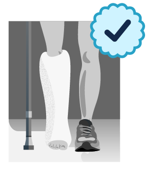 Illustration of broken leg in cast with verified icon 