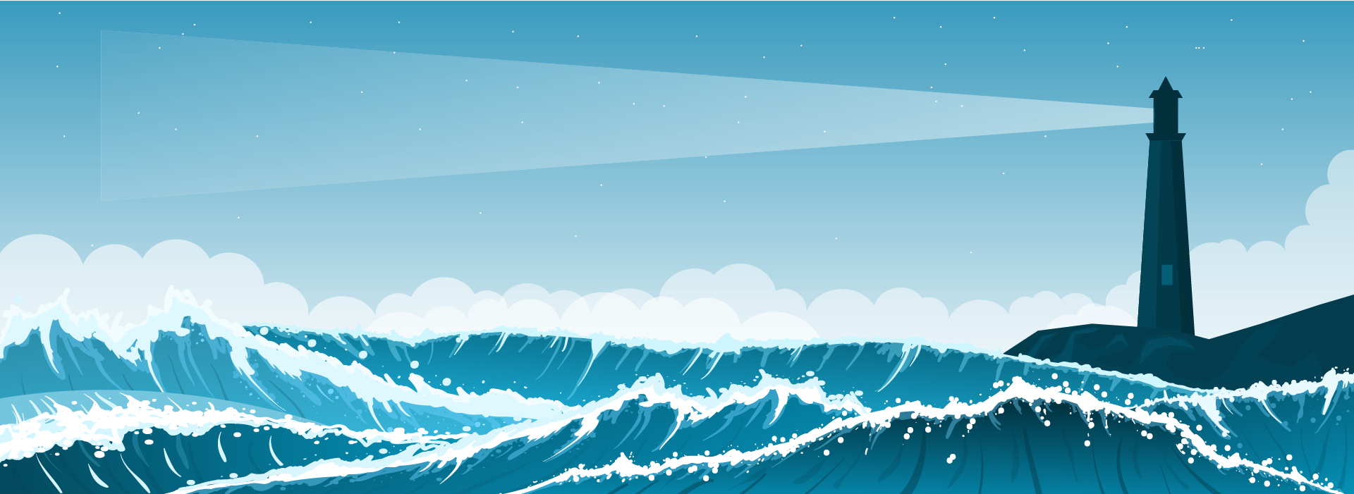 Illustration of waves and lighthouse