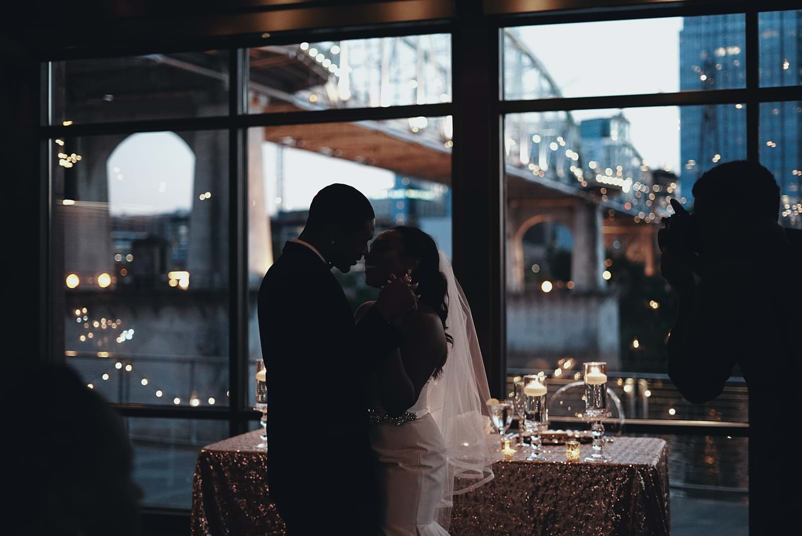 Newlywed couple dancing at reception