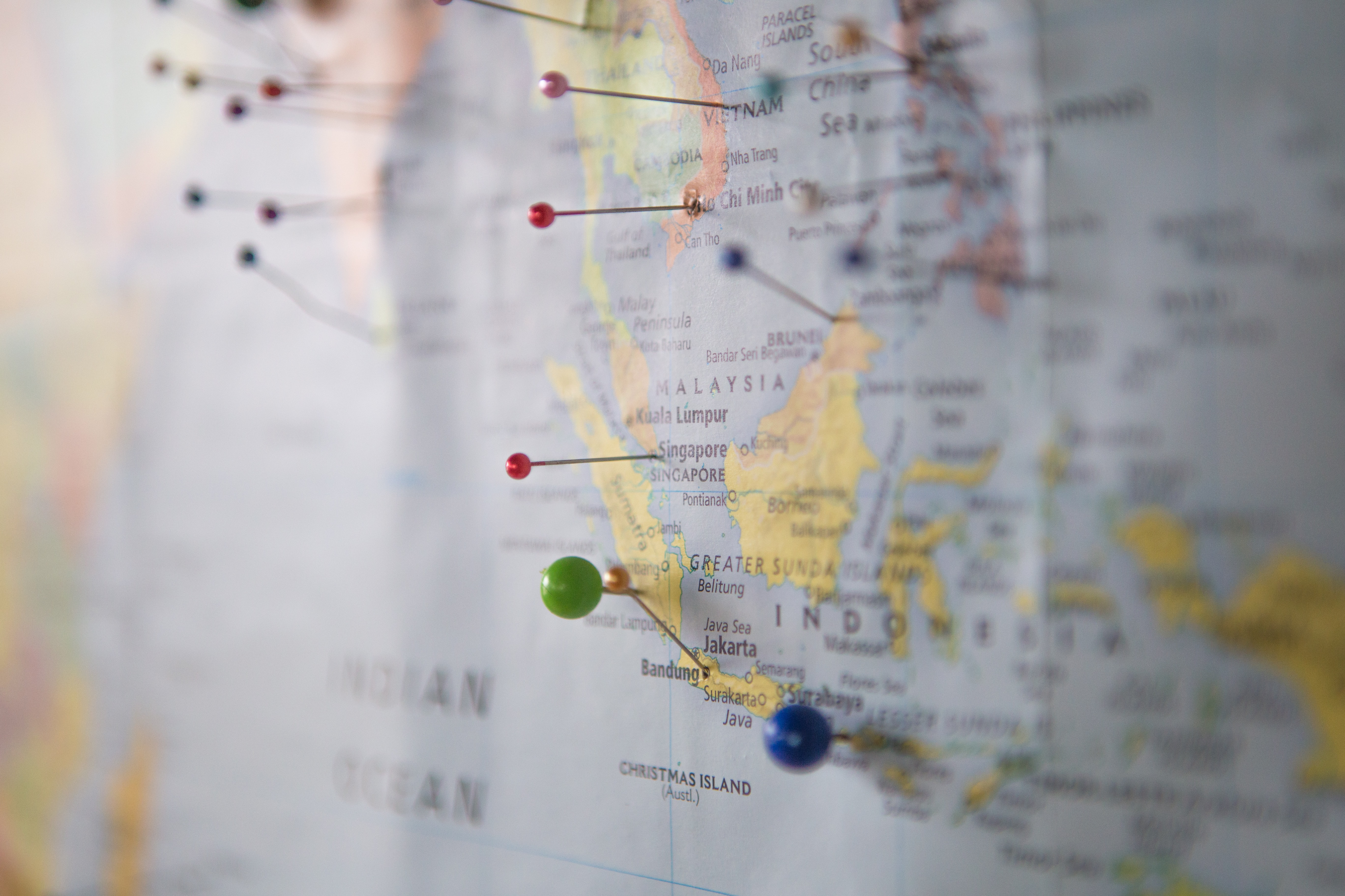 Pins on map of South East Asia