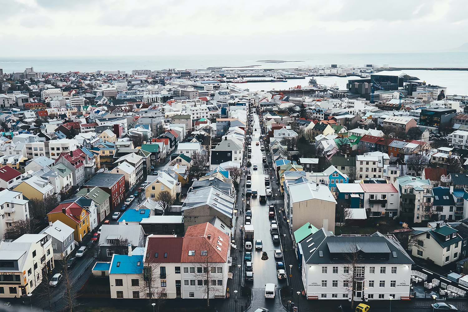 Rows of colorful city buildings