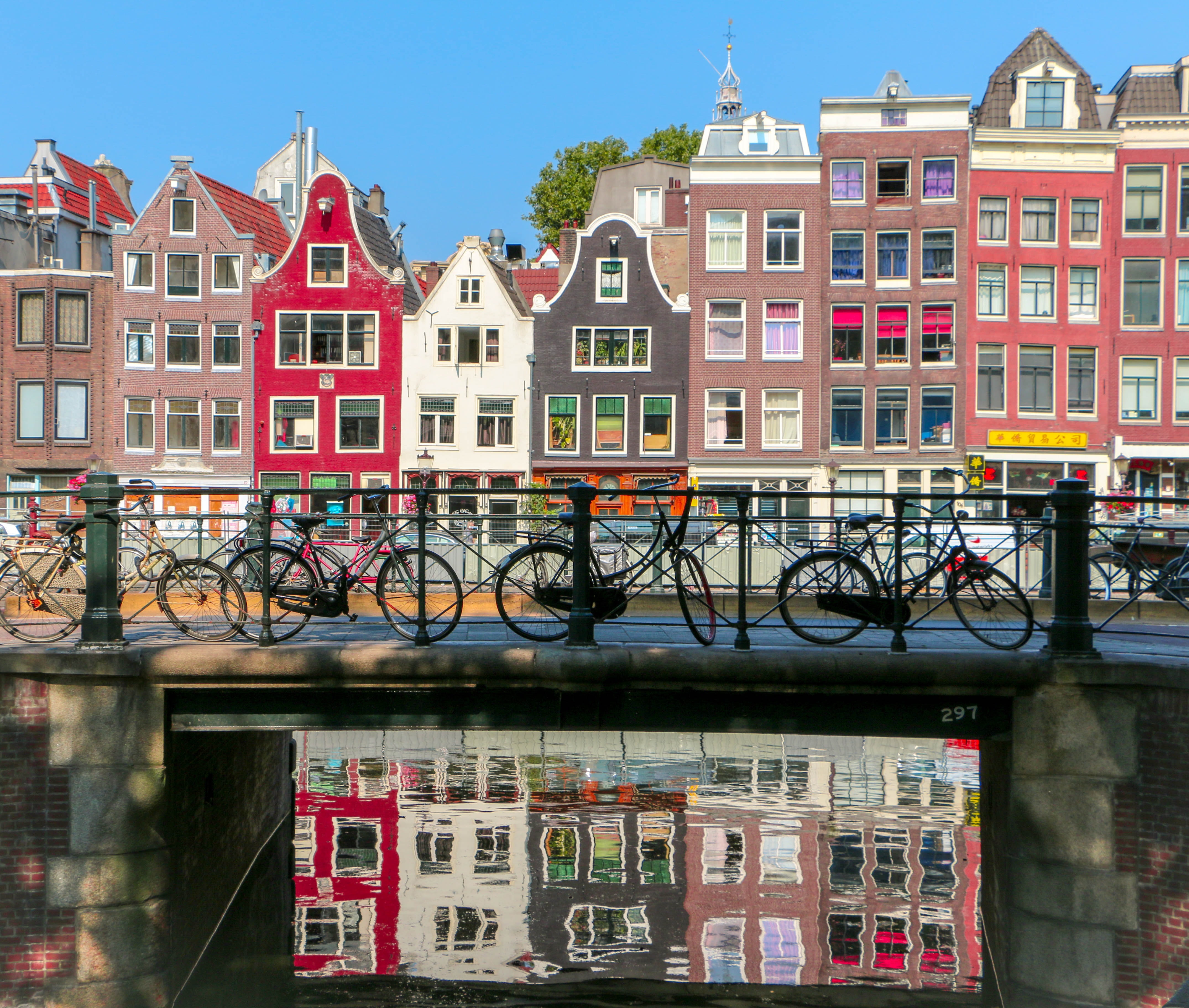 Bikes parked on bridge over river in city