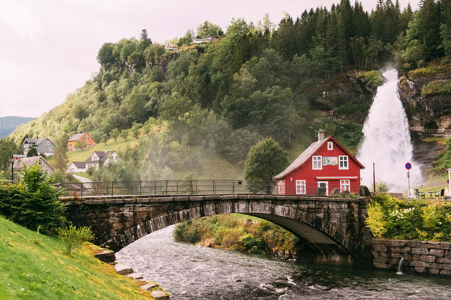 Bridge over river with waterfall behind
