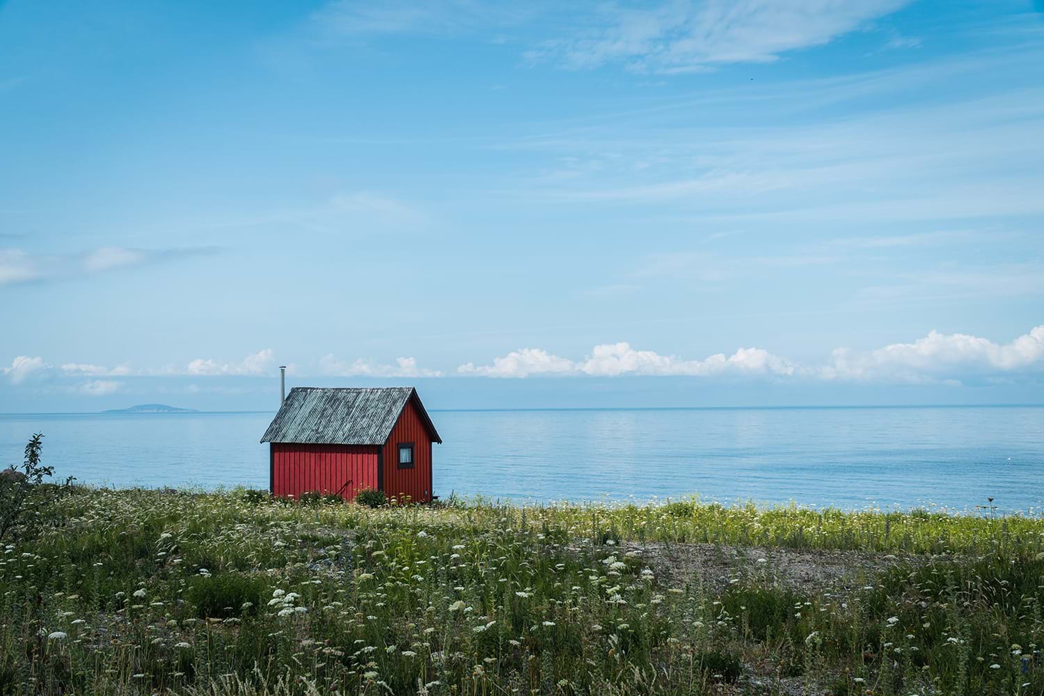 Small red shed on grassy shore