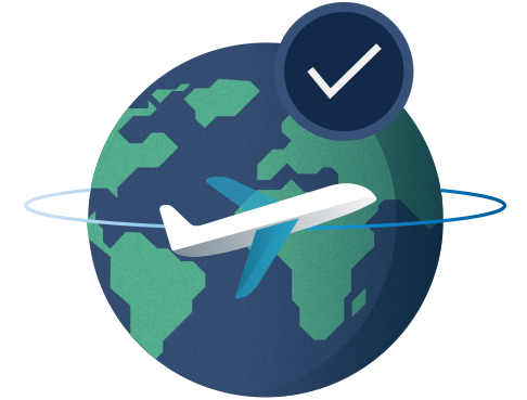 Plane circling globe with checkmark graphic