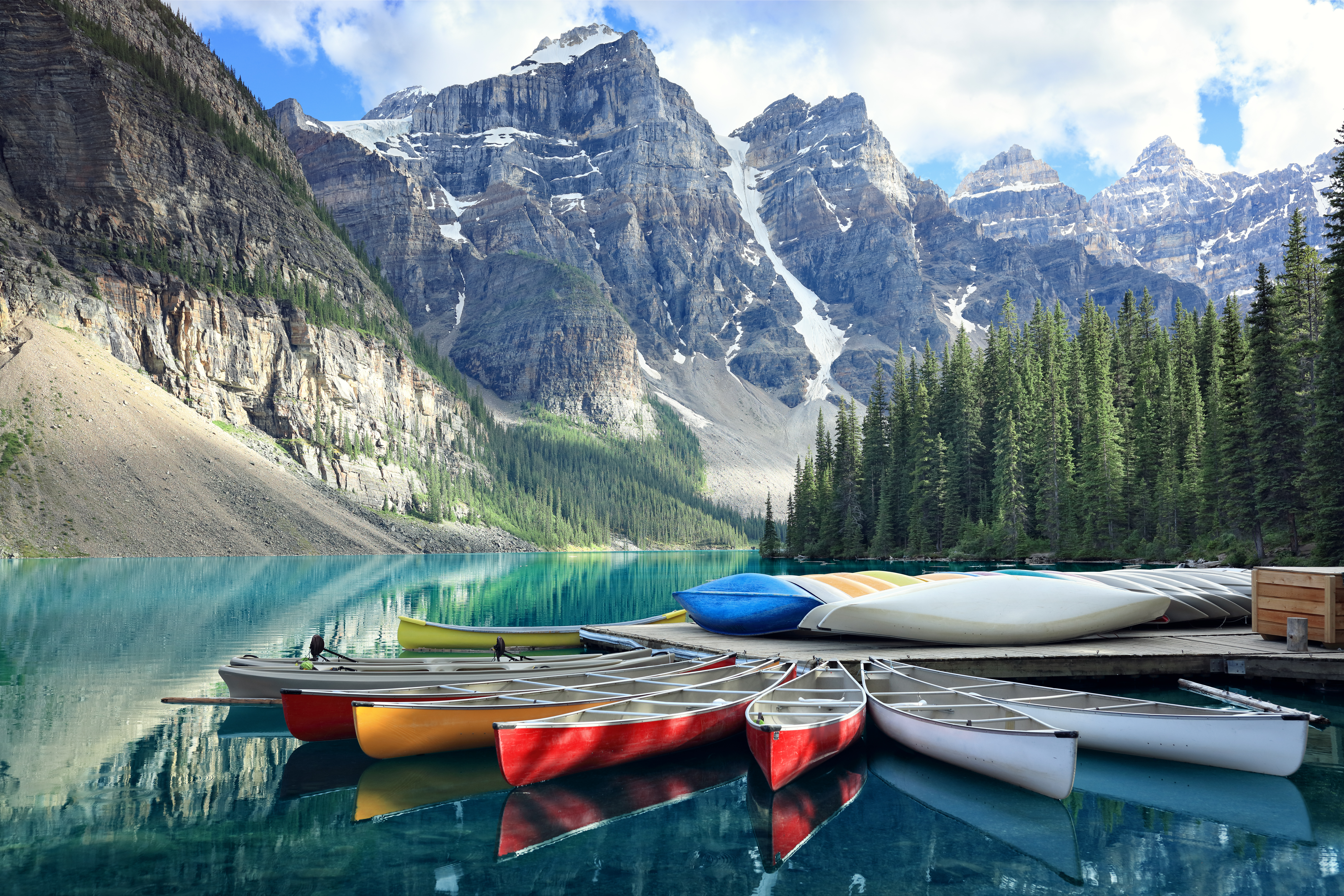 Canoes at Moraine Lake, Alberta, Canada