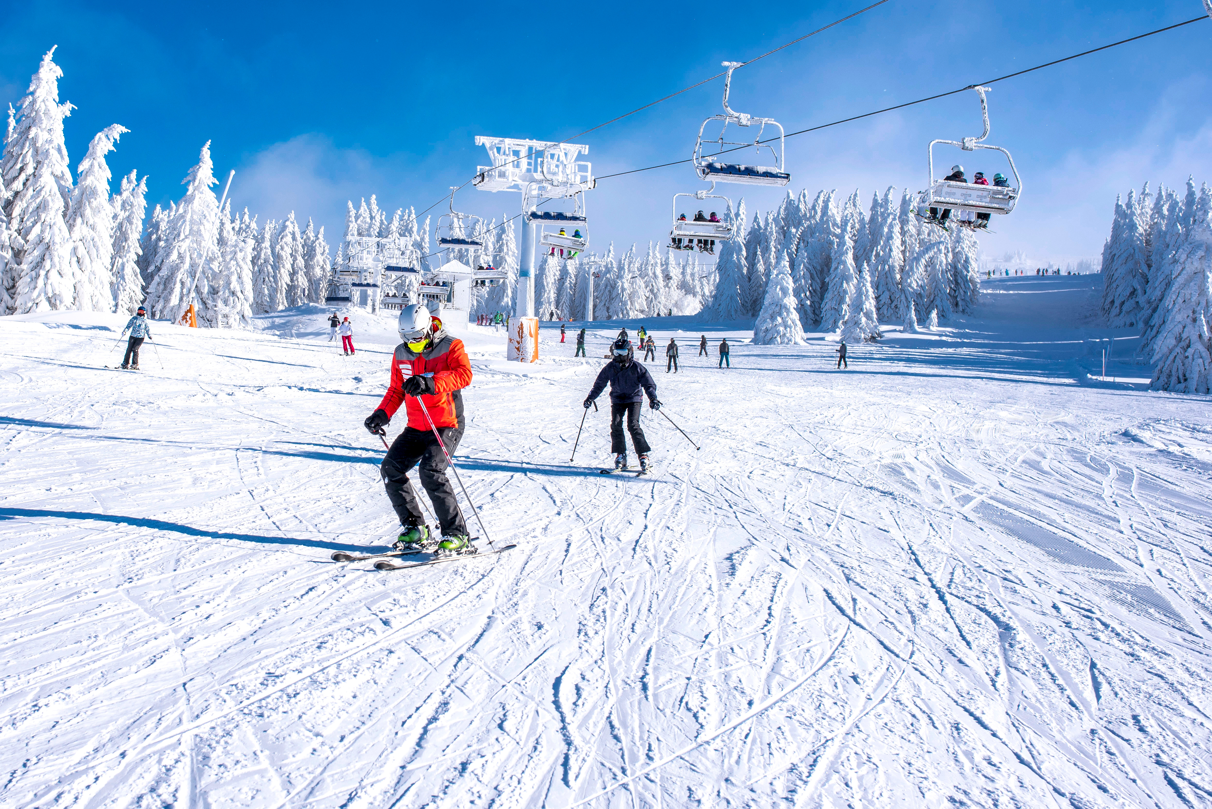 people skiing down hill at ski resort