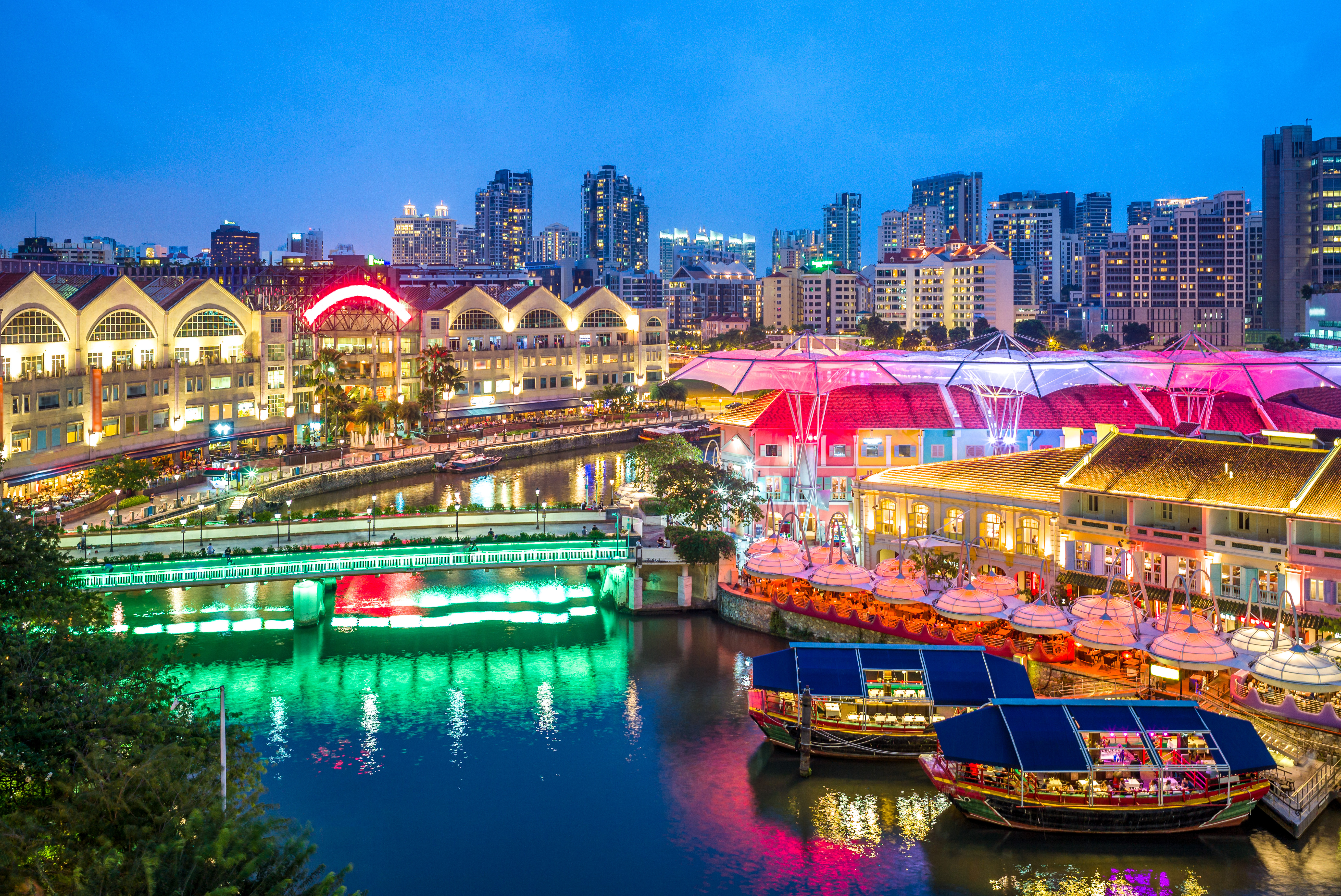 Clarke Quay lit up at night